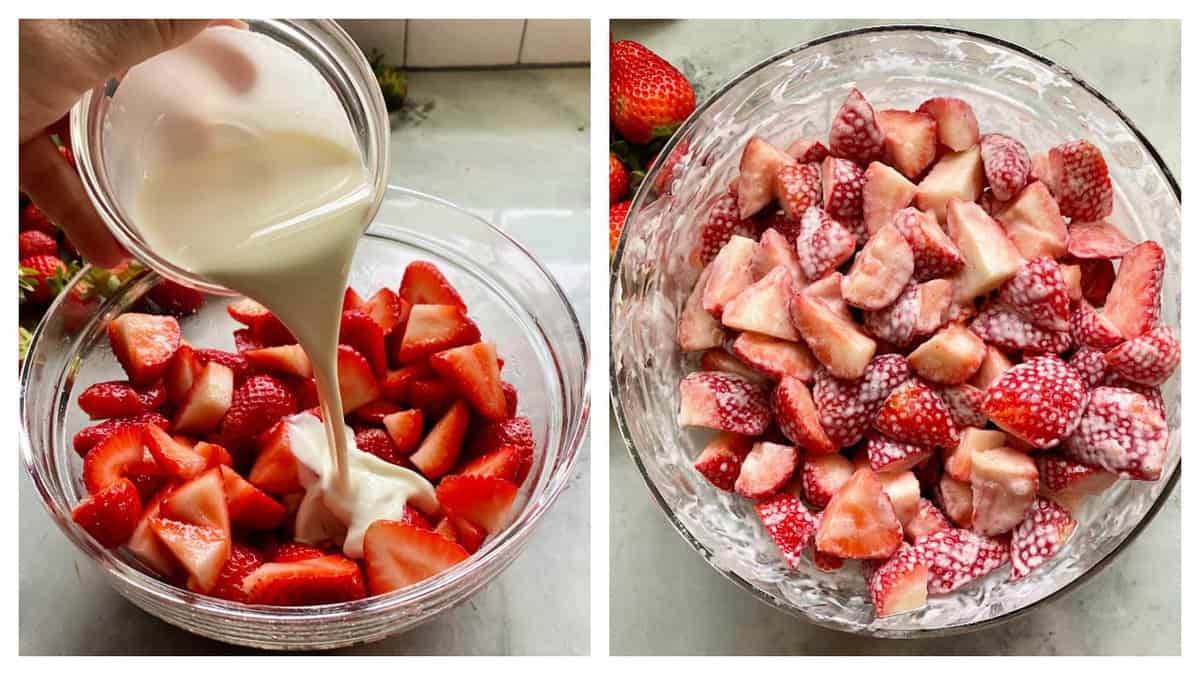Two images; left: heavy cream poured onto strawberry and sugar mix, right: cream mixed with strawberries and sugar