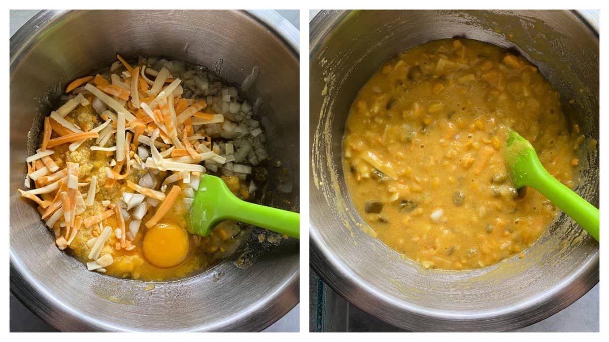 two images; left: cornbread ingredients in stainless steel mixing bowl, right: cornbread batter mixed up with green spatula