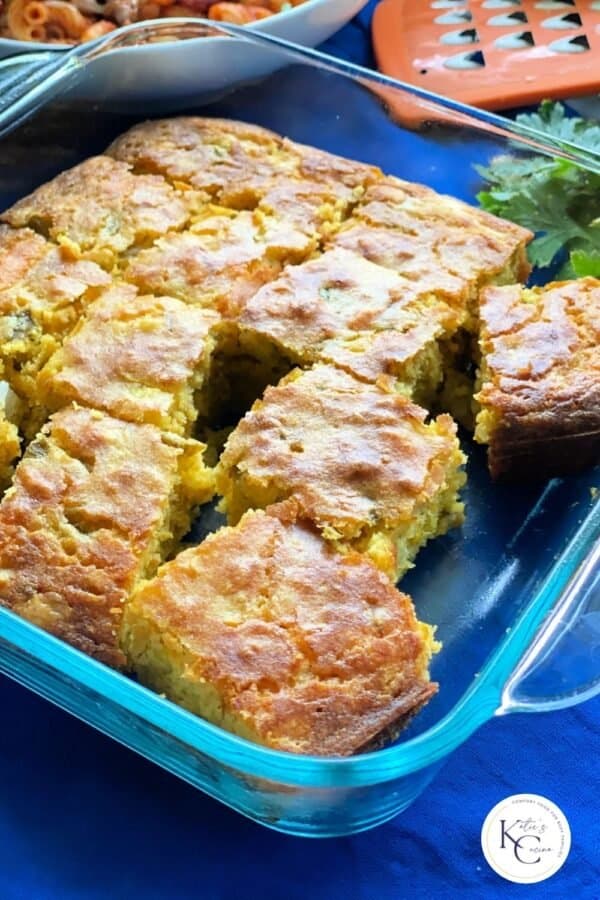 13 slices of cornbread in square glass baking dish