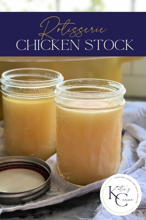 two glass jars of chicken stock on white towel with title text on top