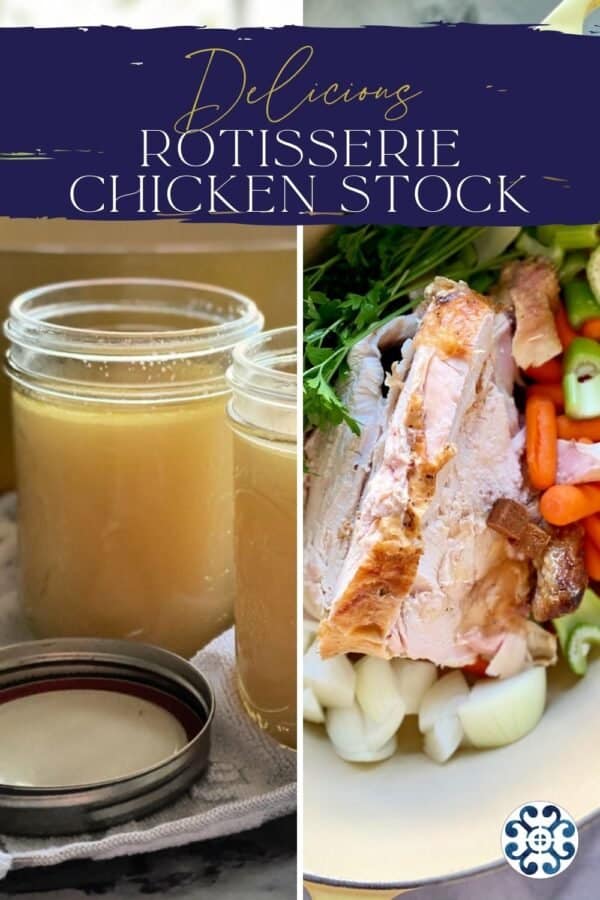 two images with title text on top; left: glass jar of chicken stock, right: chicken stock ingredients in dutch oven