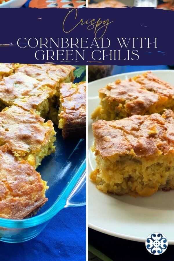 Two images with title text above; left: cornbread in glass dish, right: cornbread slices on white plate