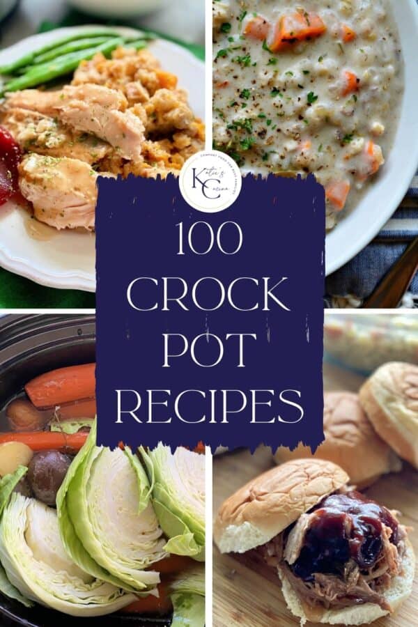Four crock pot recipe images with title text in the middle