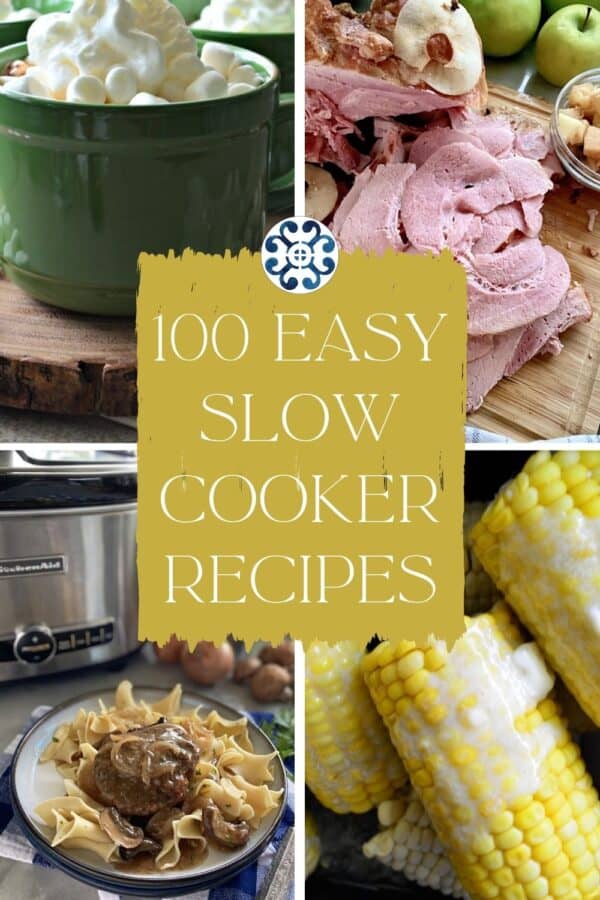 Four slow cooker recipe images with title text in the middle