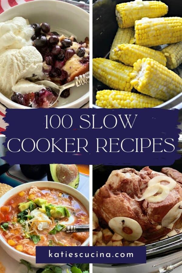 Four slow cooker recipe images with title text in the middle