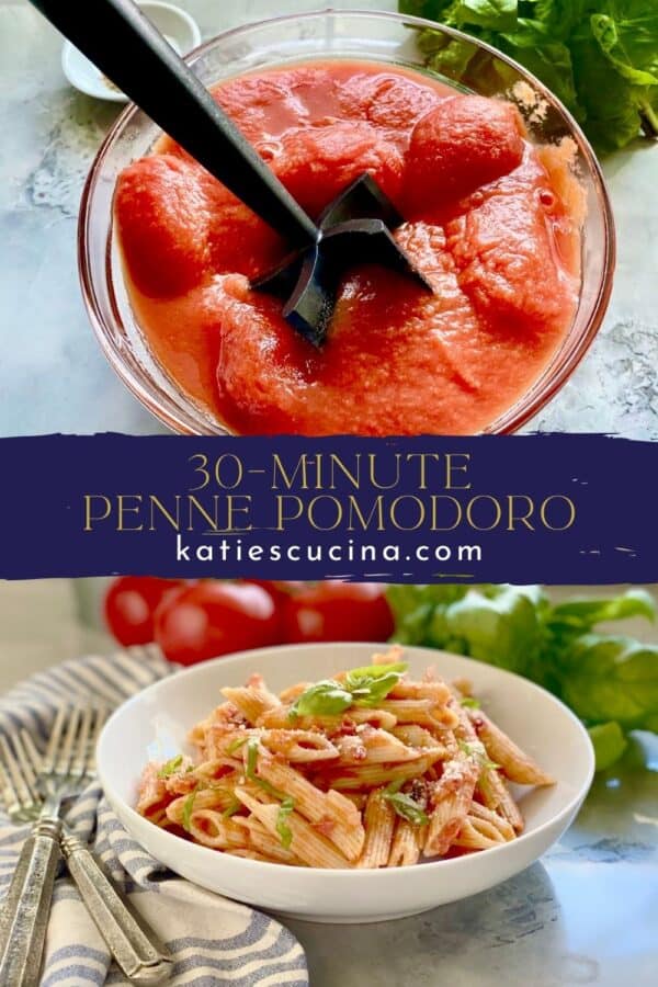 Two images separated by title text; Top: tomatoes getting crushed in glass bowl, bottom: penne pomodoro served in a white dish