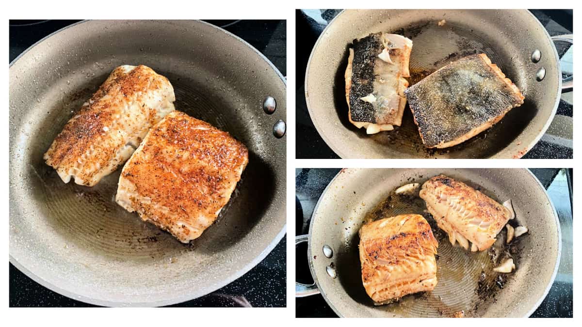 Three images of blackened cod cooking in a skillet.