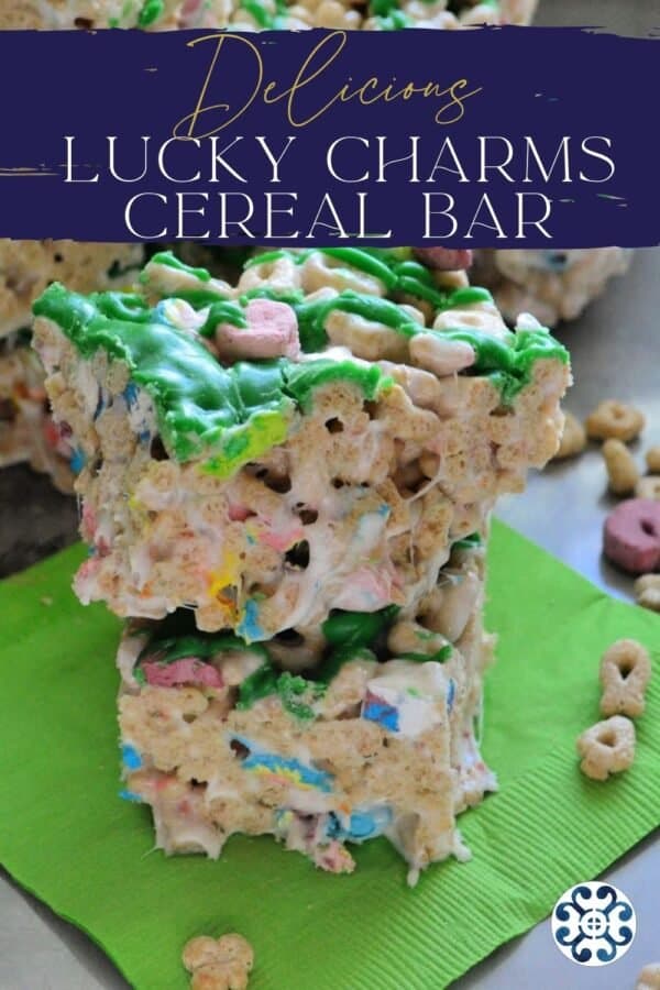 Two lucky charms breakfast bars stacked with title text above