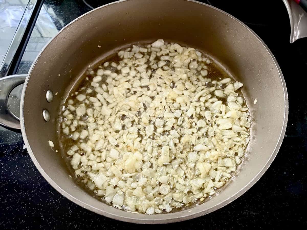 Frying aromatics of onion and garlic in stainless steel pot.