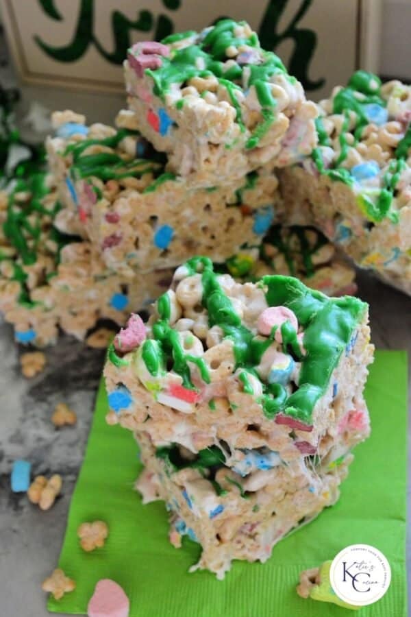 Stacked luck charms breakfast bars on green napkin
