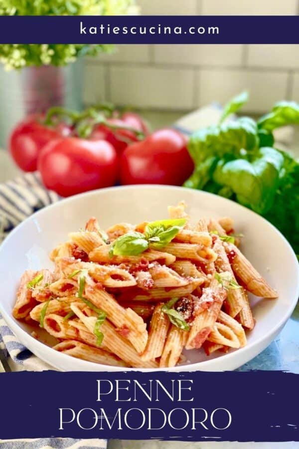 Penne Pomodoro in a white pasta plate with tomatoes and basil in the background, title text below