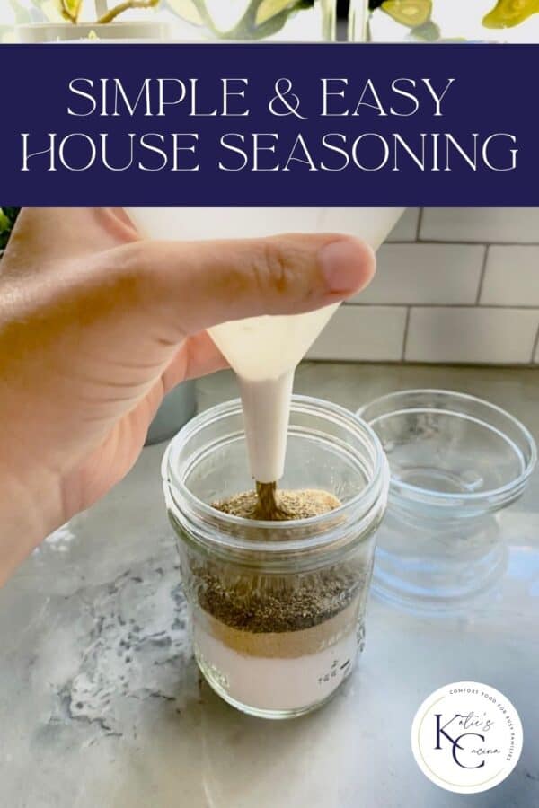 House seasoning ingredients being funneled into a mason jar, title text above