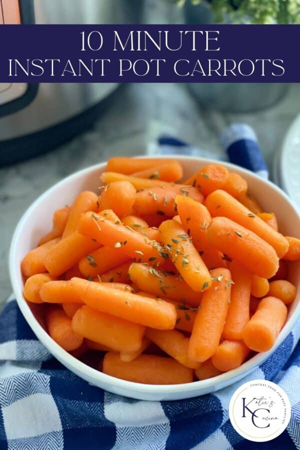 White bowl filled with carrots and thyme sprinkled on top with recipe title text on image for Pinterest.