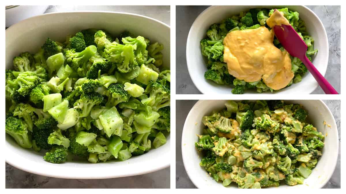 Three images of broccoli in a white casaserole dish. Two with cheese sauce on it.