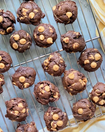 Top view of chocolate cookies on aa wire rack.