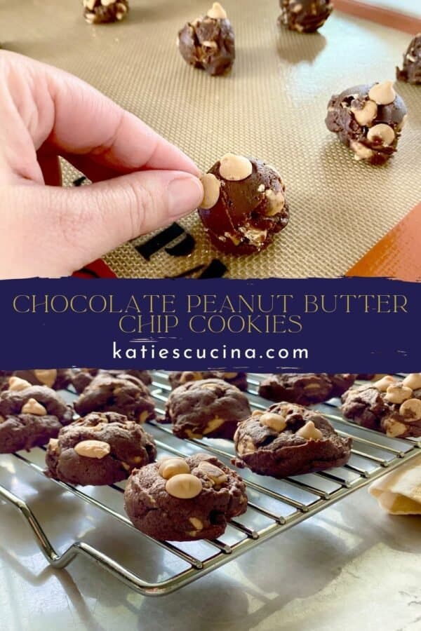 Two images separated by title text; cookie dough balls placed on baking sheet, bottom: cookies cooling on wire rack