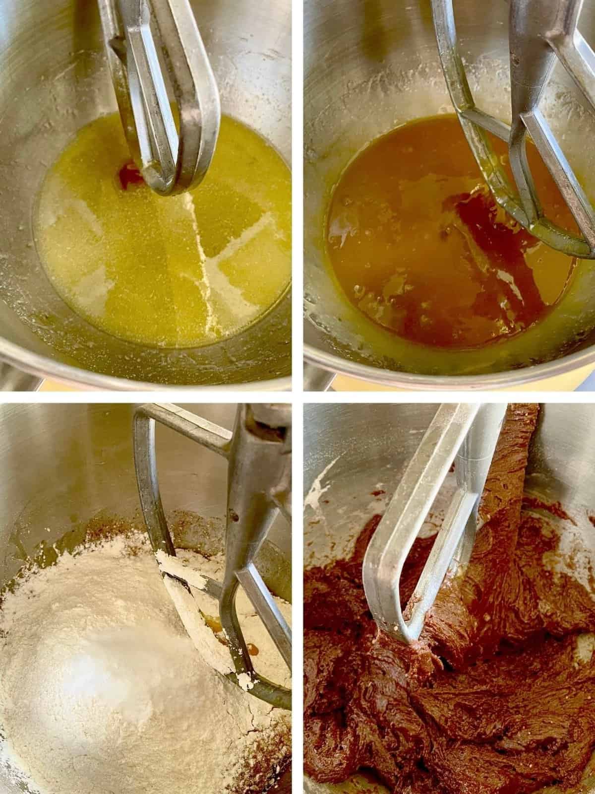 Four images showing the mixing process of the cookie dough