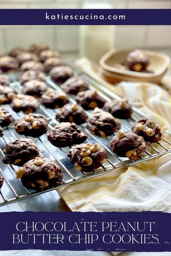 Chocolate peanut butter chip cookies cooling on a wire rack, title text below