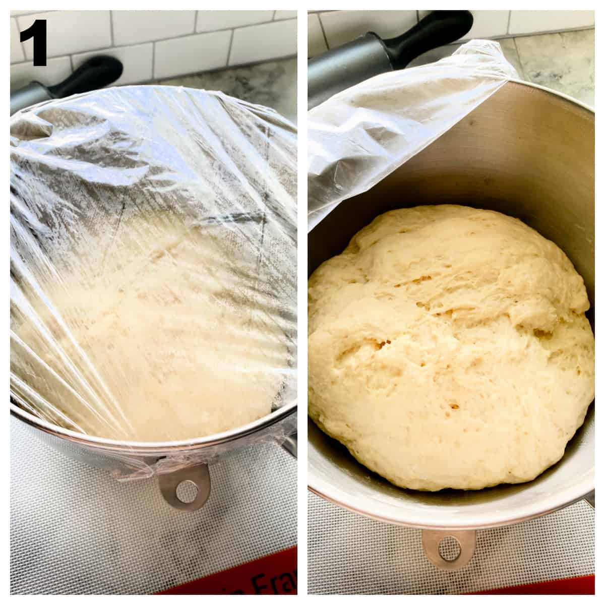 2 steps of dough rising in metal bowl.