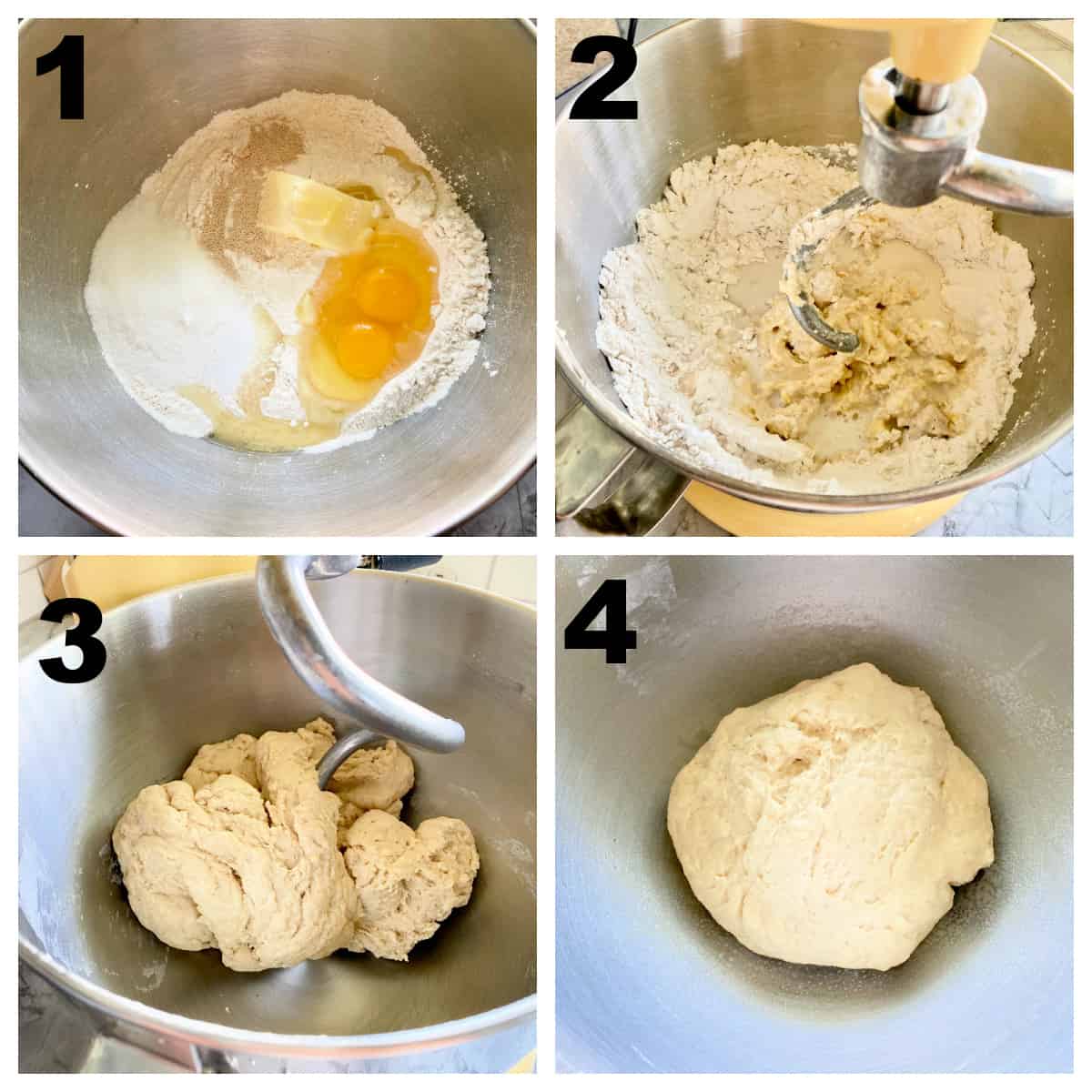 Four steps of mixing the dough for cinnmaon rolls.
