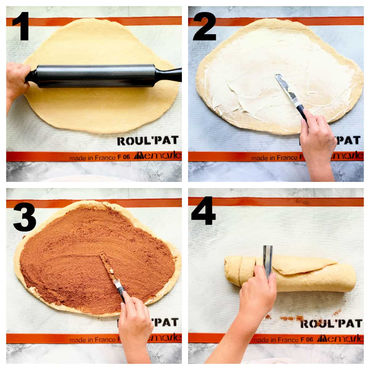 Four steps of rolling out and filling cinnaamon rolls.