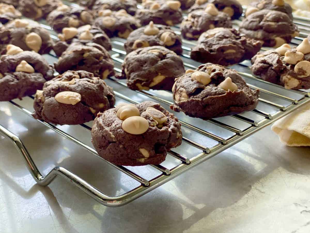 Close up view of Chocolate peanut butter chip cookies cooling on a wire rack