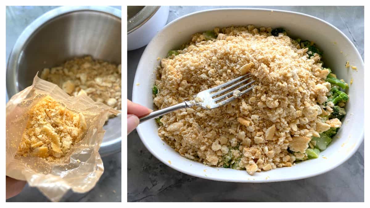 Two photos; left of ritz crackers crushed and right of fork pressing cracker crumbs in casaserole dish.