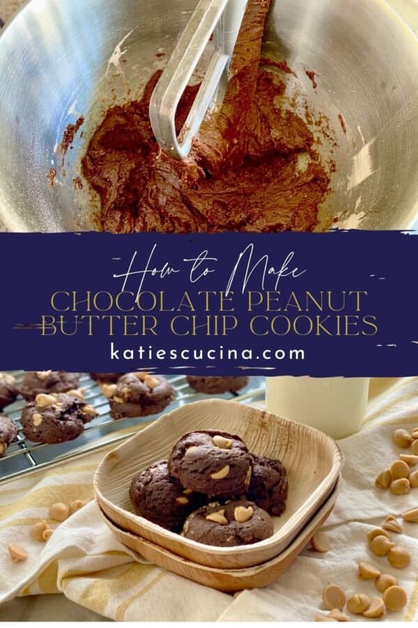 Two images separated by title text; top: cookie dough mixed in stainless steel bowl, bottom: Four cookies in a wooden bowl