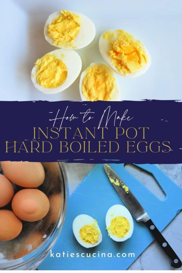 Two photos; top of hard boiled eggs split open bottom of sliced hard boiled egg with recipe title text on image for Pinterest.