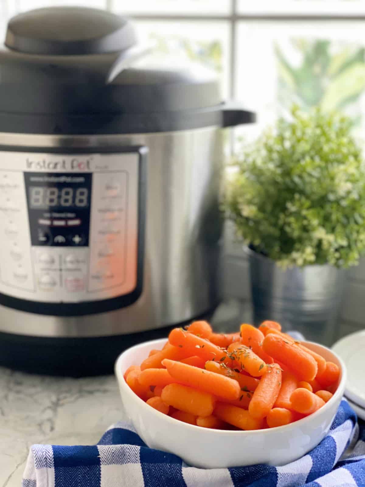 White bowl filled with carrots with Instant Pot in background.