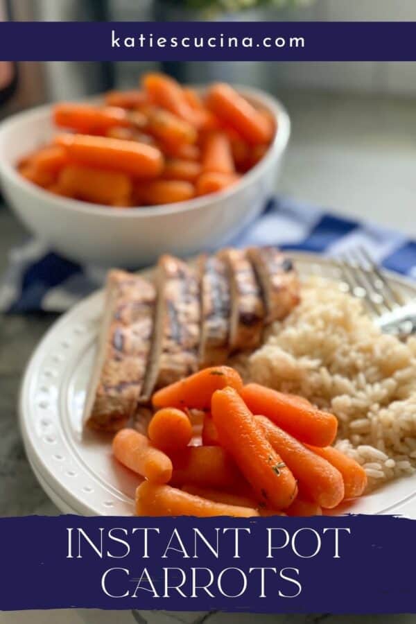 White plate filled with carrots, chicken and rice with recipe title text on image for Pinterest.