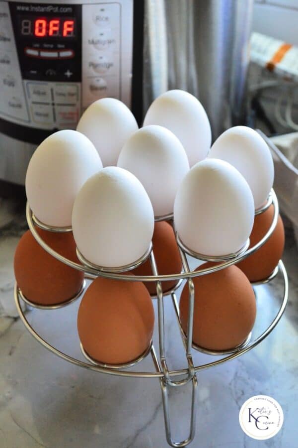 Two tier egg wrack top with white eggs bottom with brown eggs.