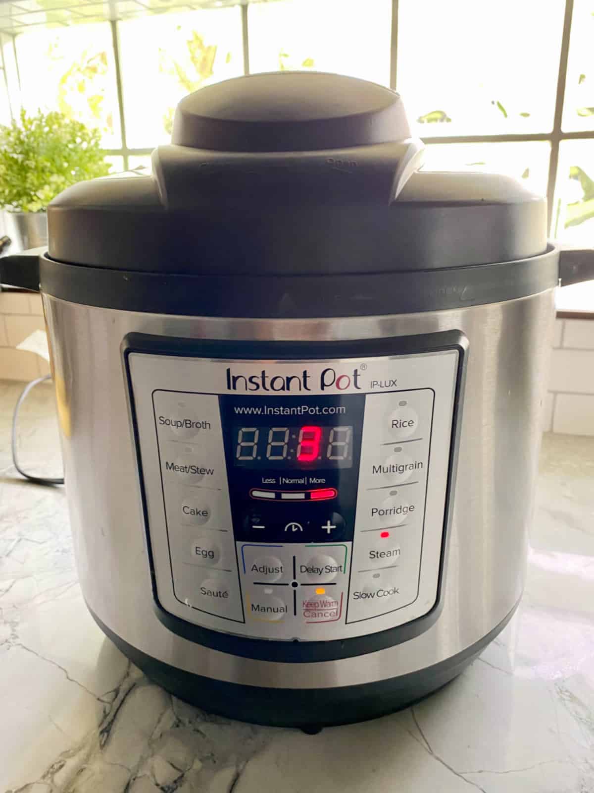 Stainless Steel Instant Pot on marble counter.