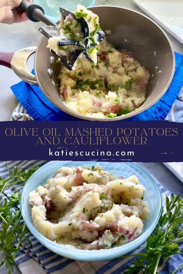 Two images separated by title text; top: potatoes and cauliflower being mashed in a pot, bottom: mashed potato and cauliflower in a blue serving dish