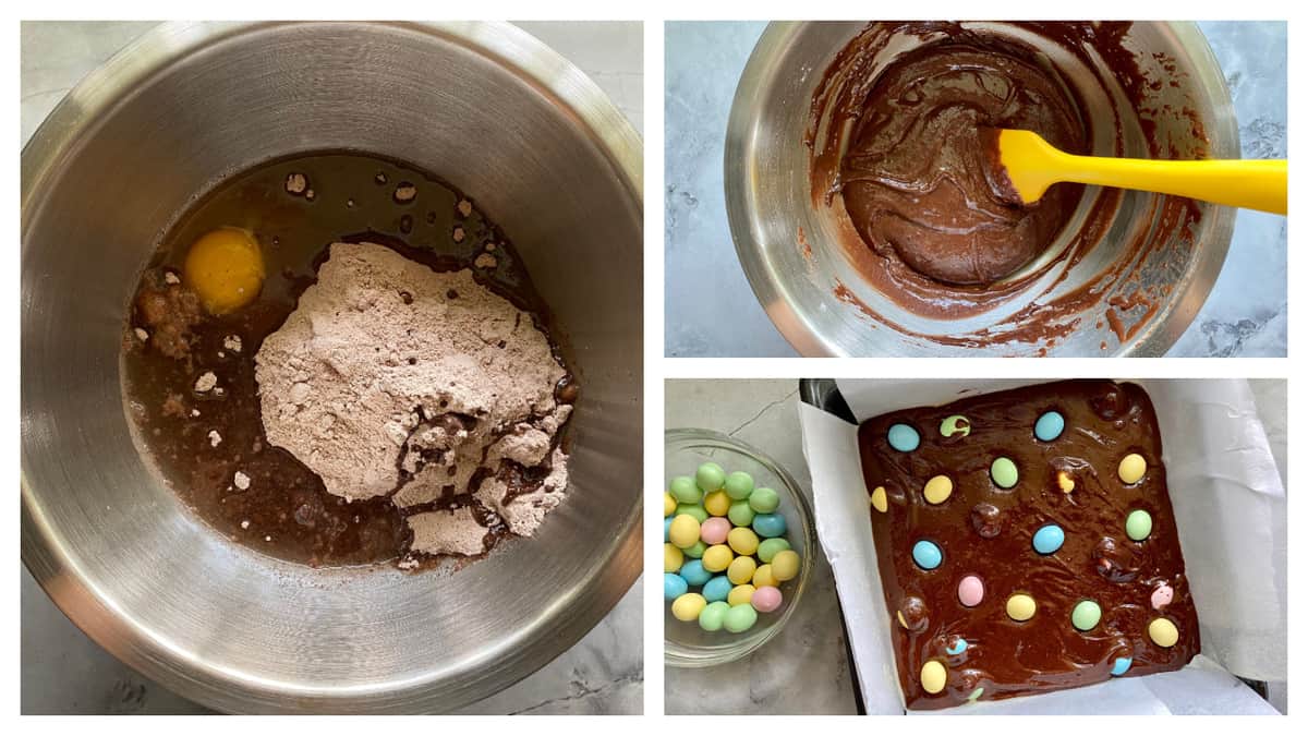 Three photos of how to make box mixed brownies and placing egg candies in brownies.