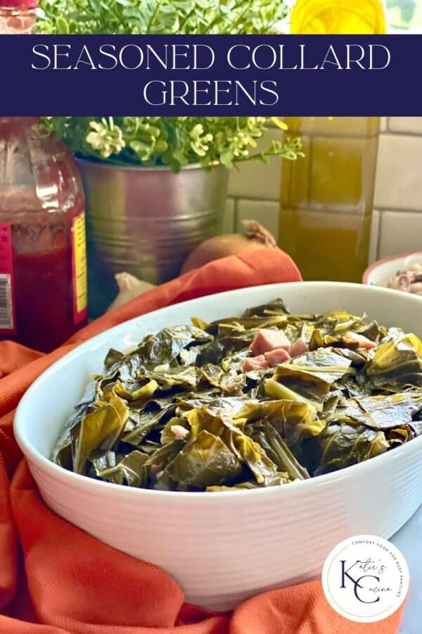 Collard greens in a white serving dish over a red cloth, title text above