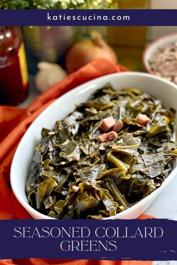 Seasoned collard greens in a white dish, title text below