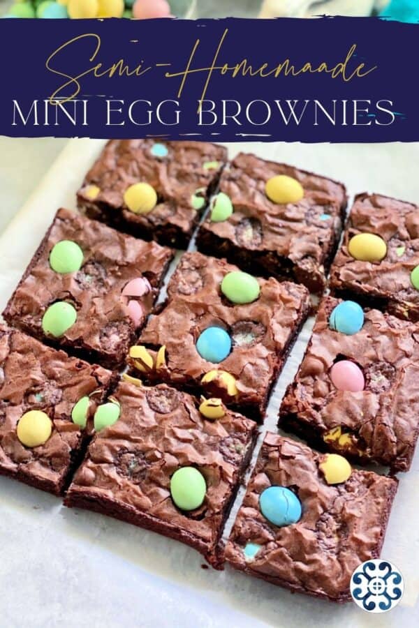 9 cut brownies with colored eggs and recipe title text on image for Pinterest.