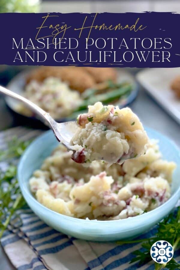 Mashed potato and cauliflower in a blue serving dish, title text above