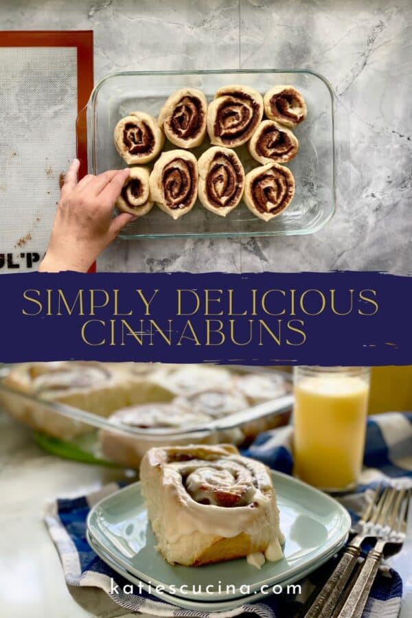 Two photos of cinnamon rolls divided by recipe title text on image.