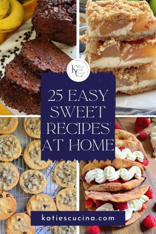 four photos; banana bread, cheesecake bars, dessert tacos, and cookies with recipe round up title on text for Pinterest.