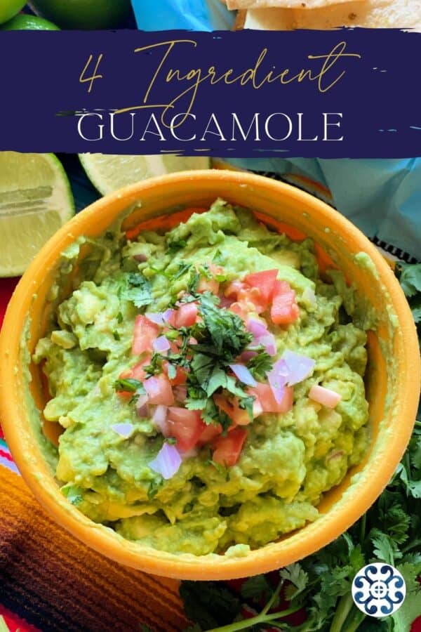 Yellow bowl with guacamole tomatoes, cilantro, and red onion with recipe title text on image for Pinterest.