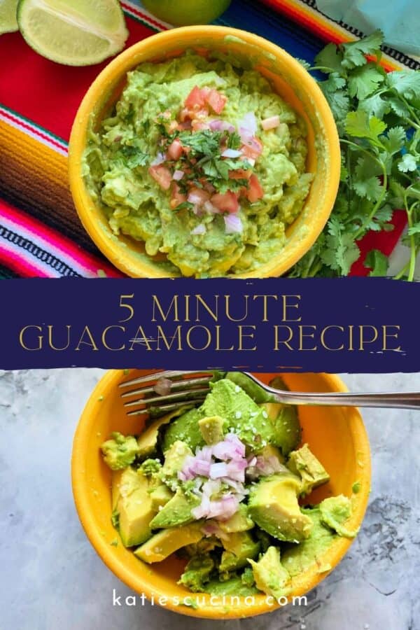 two images of guacamole in a yellow bowl divided by recipe title text for Pinterest.