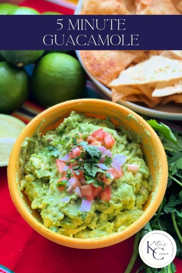 yellow bowl with guacamole and recipe title text for Pinterest.