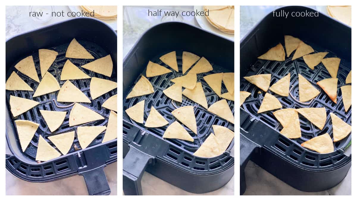 Three process shots of cooking corn tortillas in the air fryer to make chips.