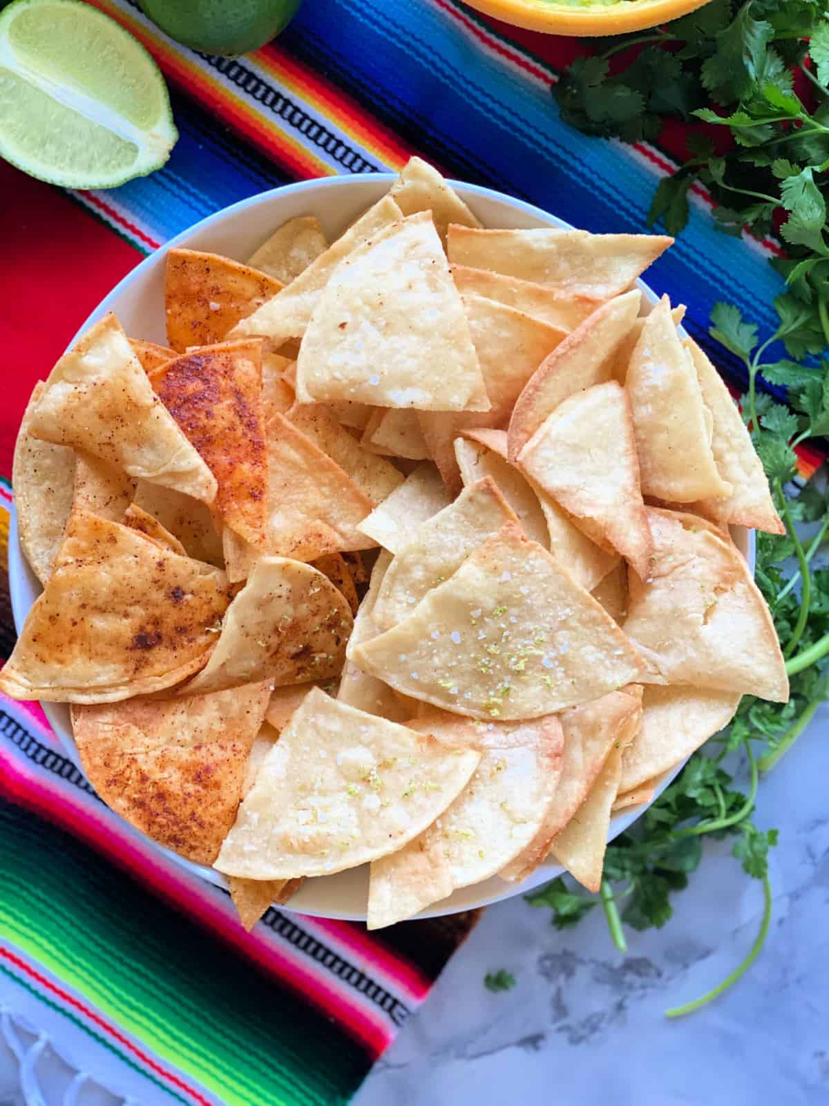 Corn tortilla chips with salt and other seasoning in a white bowl on a bright striped color cloth.