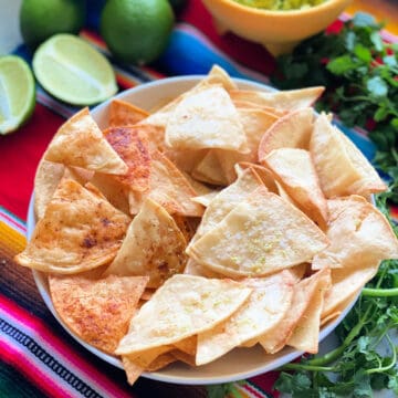 White bowl filled with corn tortilla chips with cilantro and dip in background.