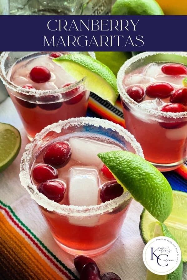 Three glasses of pink drink with sugar rim and recipe title text for Pinterest.