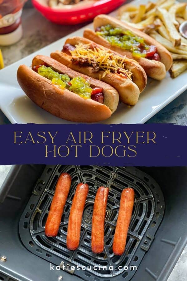 Two images of hot dogs divided by a recipe title text on image for Pinterest.