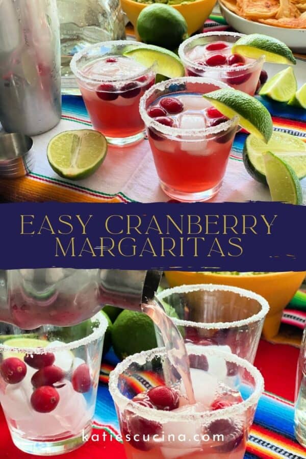 Two different views of 3 glasses filled with Cranberry Margaritas split by recipe title text for Pinterest.
